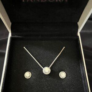 Genuine Pandora Classic Round Sparkle Sterling Silver Necklace & Earring Set